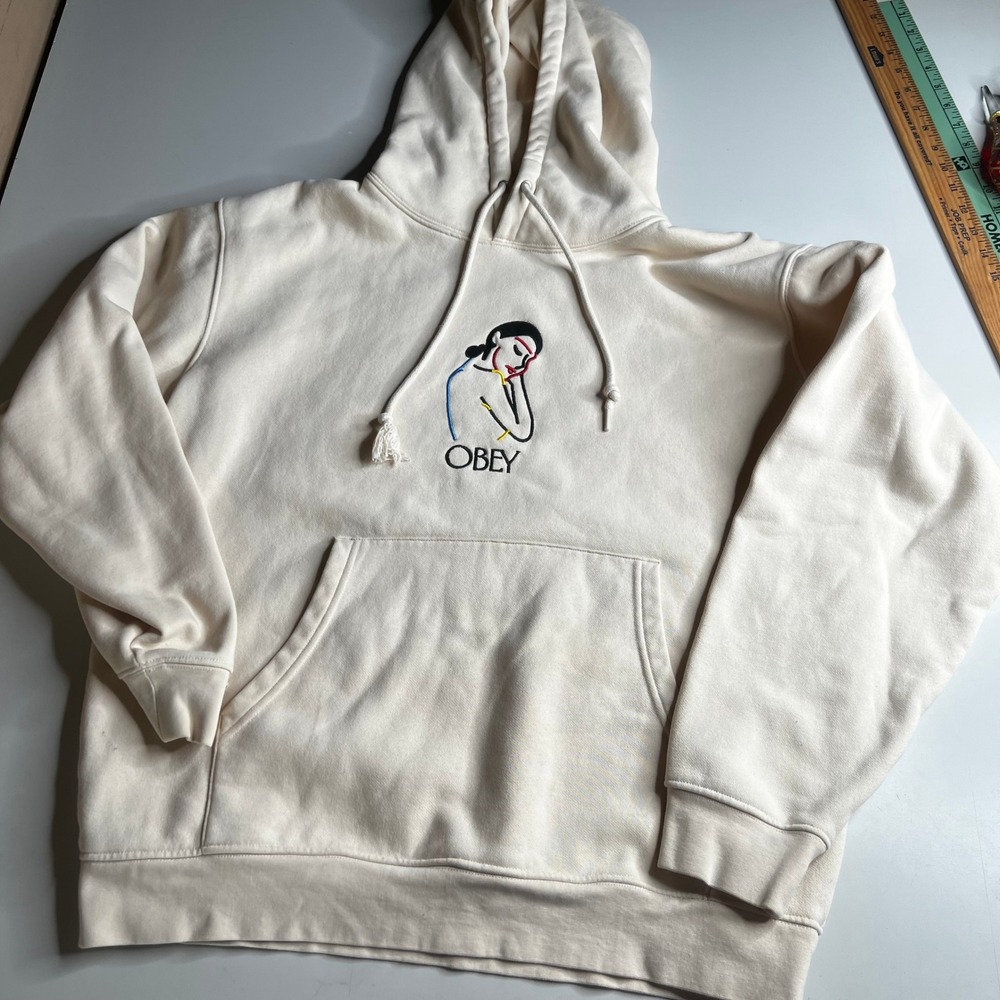 Obey Mens Medium Cream Hoodie Embroidered Woman Graphic Pullover Sweatshirt
